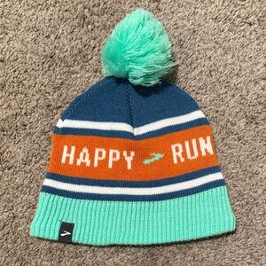 Happy Run brooks Pom-Pom Beanie - Blue, Orange, and Green